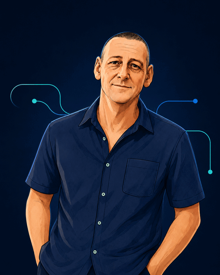 John Morton, founder and director of ScriptPath Labs, illustrated in a friendly vintage cartoon style.
