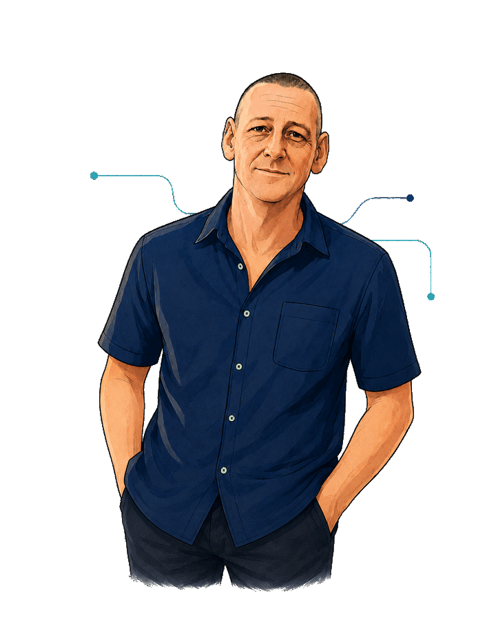 John Morton, founder and director of ScriptPath Labs, illustrated in a friendly vintage cartoon style.
